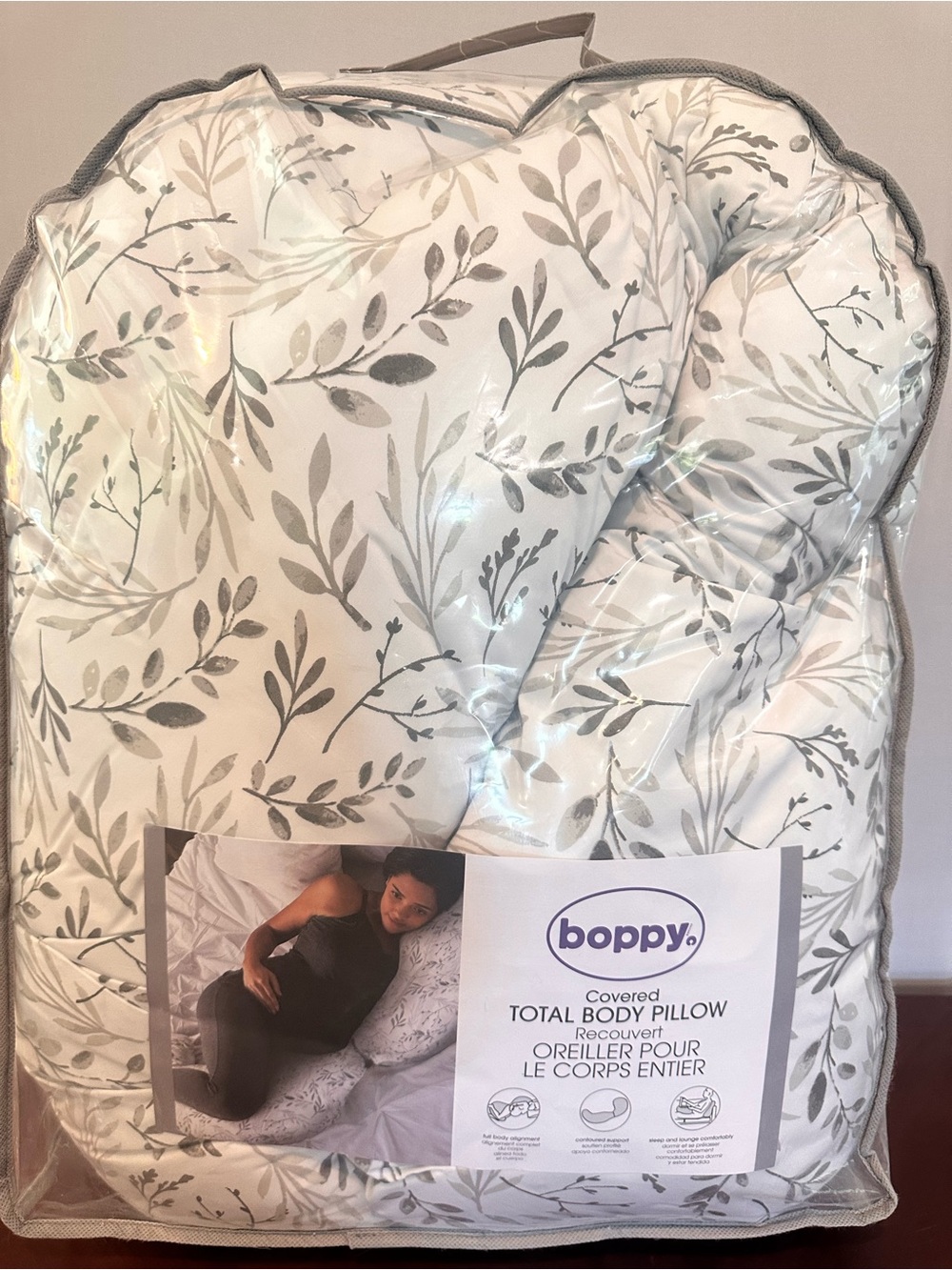 Boppy Total Body Pillow in Soft Gray Leaf Print